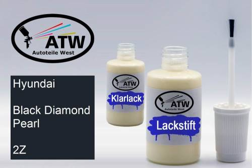 Hyundai, Black Diamond Pearl, 2Z: 20ml Lackstift + 20ml Klarlack - Set, von ATW Autoteile West.